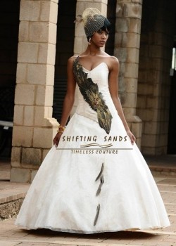Shifting Sands Traditional African baige Tswana wedding dress with feather detail